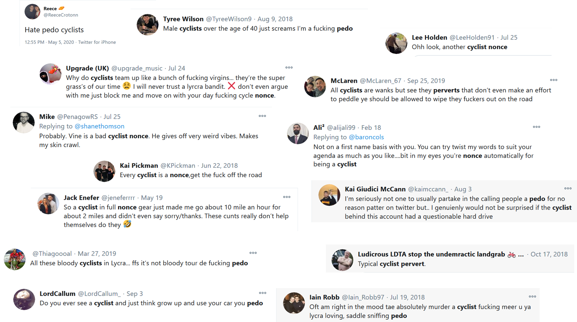 A selection of no doubt humourous tweets about cyclists being sexual deviants 