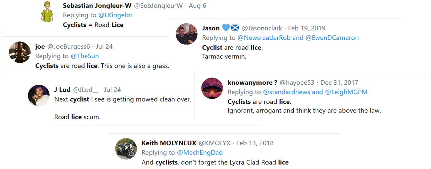 Tweets describing cyclists as vermin