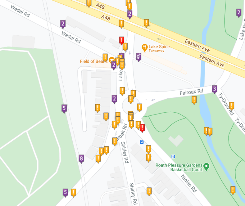 Fairoak Roundabout, Cardiff, showing road traffic collisions 1999-2020